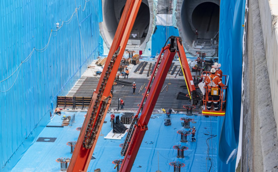 The Waterloo station area turns blue as the waterproofing membrane is installed.